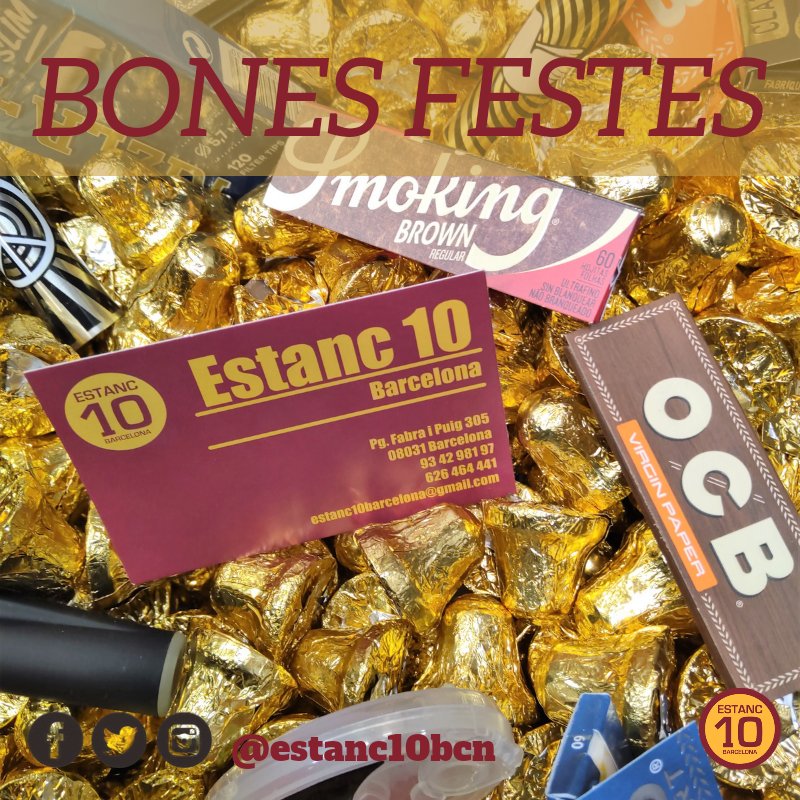 estanc10bcn's tweet photo. Molt bones Festes. Us dessitgem des de l'Estanc 10 que passeu uns dies meravellosos
🚬👌🎄🎉🎁🥂🍾
#bonnadal #feliznavidad #nadal #navidad #vilapicina #noubarris #estanc10bcn #regalsnadal #regalosnavidad #fabraipuig https://t.co/DJ9wNvkjPn