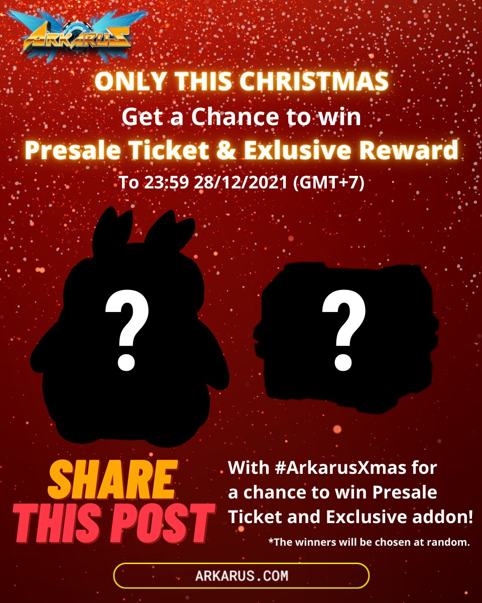 ArkarusNFT's tweet photo. 🎁Only this Christmas!
🎅🏻Participate to win Robot's add-on, Presale Ticket, and more!
.
TO ENTER
✅ Follow @ArkarusNFT
✅ Like and retweet! With #ArkarusXmas
.
🔥Arkarus Airdrop Event🔥
https://t.co/7O0zYLh9NE
.
https://t.co/OGCJJDRBhE

#arkarus #nft #nftgame #gamefi #crypto https://t.co/dBO7tiaPsr