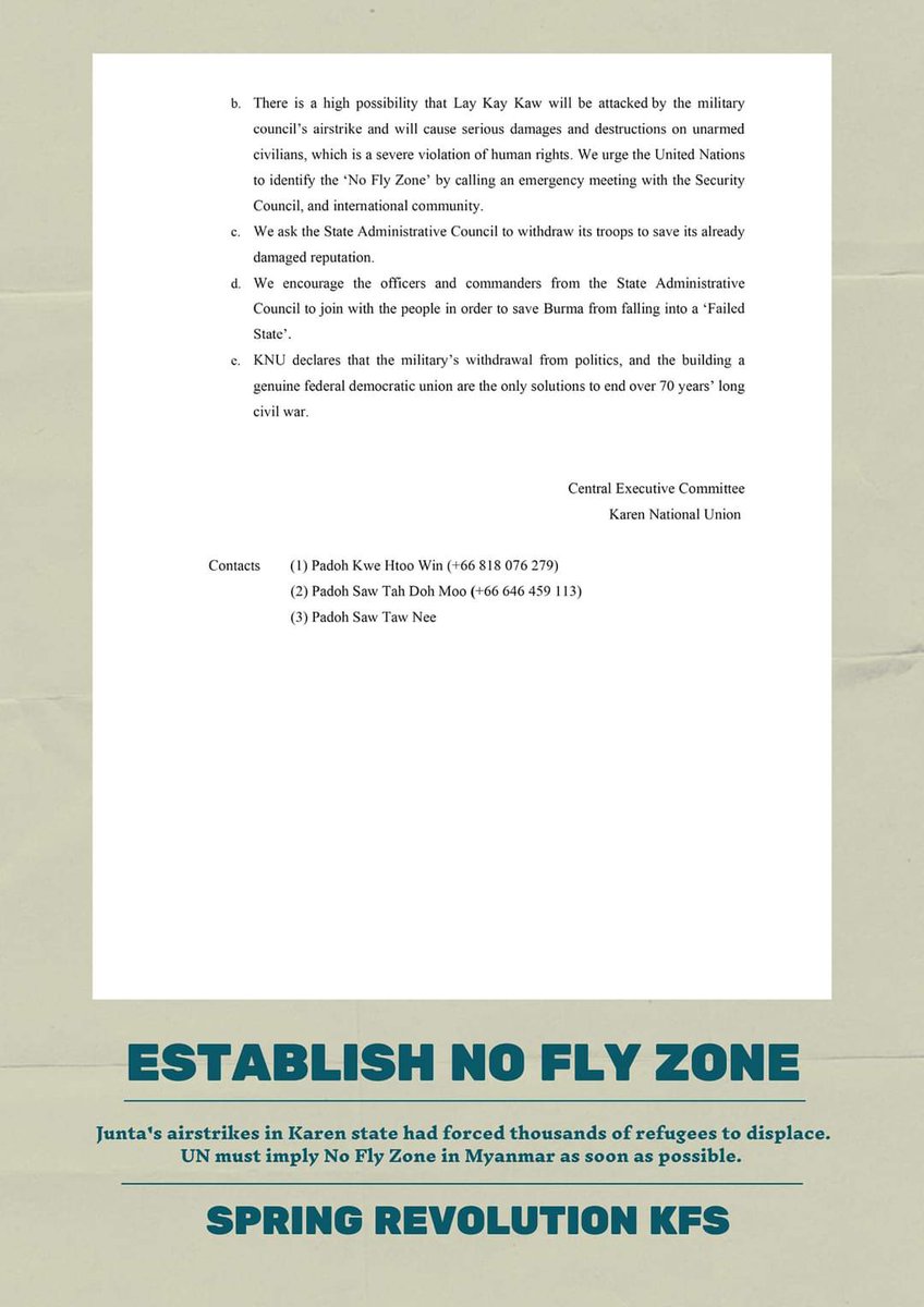 After Karen Nation Union <a href="/knuhq/">Karen National Union</a> had called <a href="/UN_HRC/">UN Human Rights Council</a> <a href="/UNGeneva/">United Nations Geneva</a> to imply #NoFlyZoneInMyanmar , Junta Terrorists are launching airstrikes since last night till to today evening in LayKayKaw region, Karen state. Thousands of refugees are fleeing to Thailand in the midnight of winter.