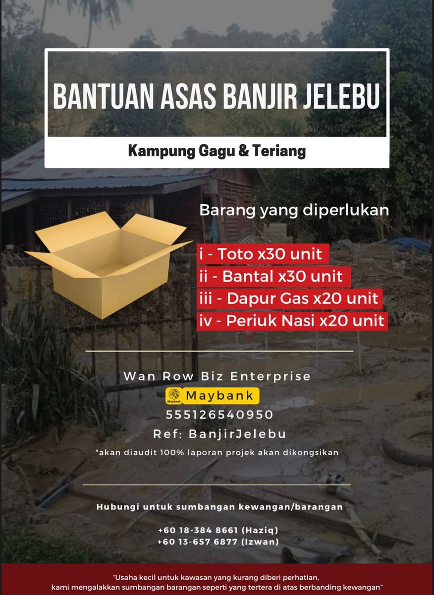 izwanxnasir's tweet photo. Salam. Ahad 26/12/2021 aku &amp; beberapa orang rakan akan ke Jelebu untuk bantuan banjir. Kawasan yang kami fokus ini kurang mendapat perhatian jadi kami ambil keputusan untuk turun ke sana. Mohon bantuan &amp; doa dari kalian. Tolong sebarkan 🙏🏻😢 @magmalaya @JamainKhairul @HermyRahim https://t.co/Vqx1lj5jMt