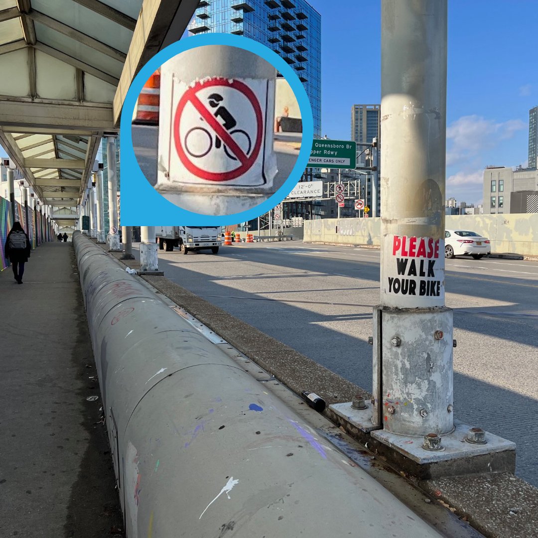 joby_jacob's tweet photo. Seeing these signs on the Thomson Ave bridge is so jarring. There's hardly room for pedestrians but not everyone can keep up with expressway like speeds on the bridge. @NYC_DOT needs to put #PeopleFirstOnThomson and install a protected bike lane here. https://t.co/SP1BzEMPrB