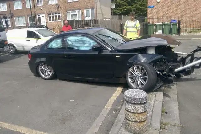 It wouldn’t be Christmas without a BMW embracing a bollard.  Our hero can be spotted lodged inside the engine. Wonderful.
#WorldBollardAssociation