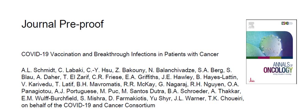 1/Excited to share our work on COVID-19 breakthrough infections in patients w/cancer in @Annals_Oncology. Efforts led by co-1st authors @dr_aschmidt, @Chrislabaki1, C-Y. Hsu, @ZiadBakouny and co-seniors: @jeremywarner #YuShyr & @farmakiotis @COVID19nCCC
annalsofoncology.org/article/S0923-…