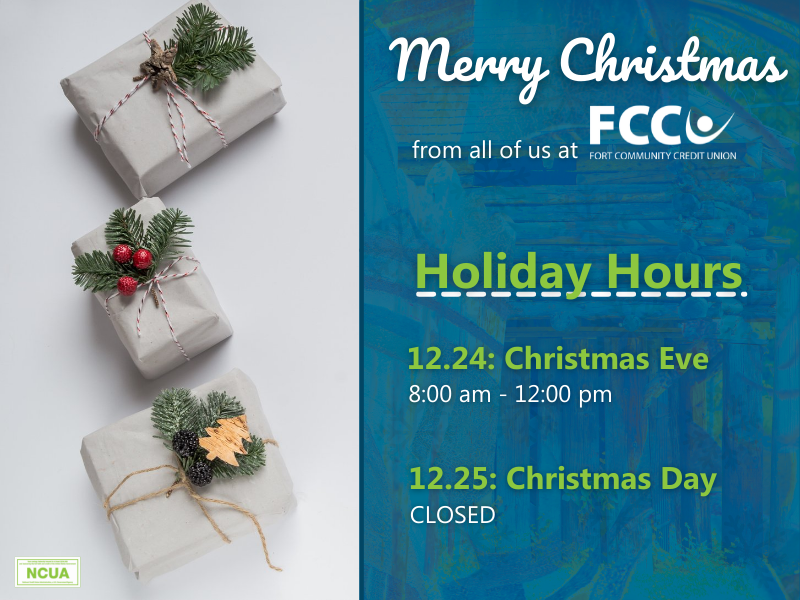 FortCommunityCU's tweet photo. 🤶 Merry Christmas Eve, everyone! 🎅 

Our branches are closing at noon today and will remain closed tomorrow so our teams can spend time with their loved ones.

We hope you have a wonderful holiday season! 🎁 https://t.co/GdUbM9siAH