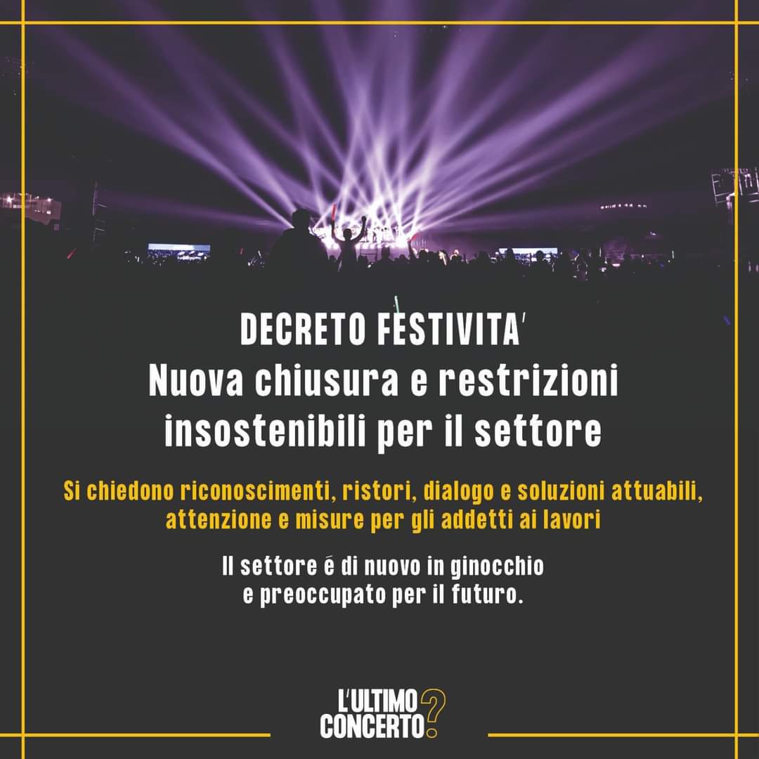 bit.ly/DL_Festività: 𝗻𝘂𝗼𝘃𝗲 𝗰𝗵𝗶𝘂𝘀𝘂𝗿𝗲 𝗲 𝗿𝗲𝘀𝘁𝗿𝗶𝘇𝗶𝗼𝗻𝗶 𝗶𝗻𝘀𝗼𝘀𝘁𝗲𝗻𝗶𝗯𝗶𝗹𝗶.
Il DL varato ieri impone al settore restrizioni che rendono insostenibile la ripresa di un'intera categoria, già ampiamente penalizzata da due anni di mancata ripartenza.