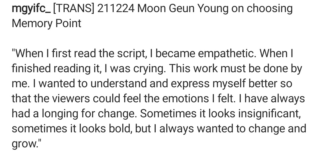 MGYIFC's tweet photo. [TRANS] 211224 Moon Geun Young on choosing Memory Point

"This work must be done by me. I wanted to understand and express myself better so that the viewers could feel the emotions I felt.

#MoonGeunYoung #문근영 #기억의해각 #MemoryPoint https://t.co/DzPNcTKLq2