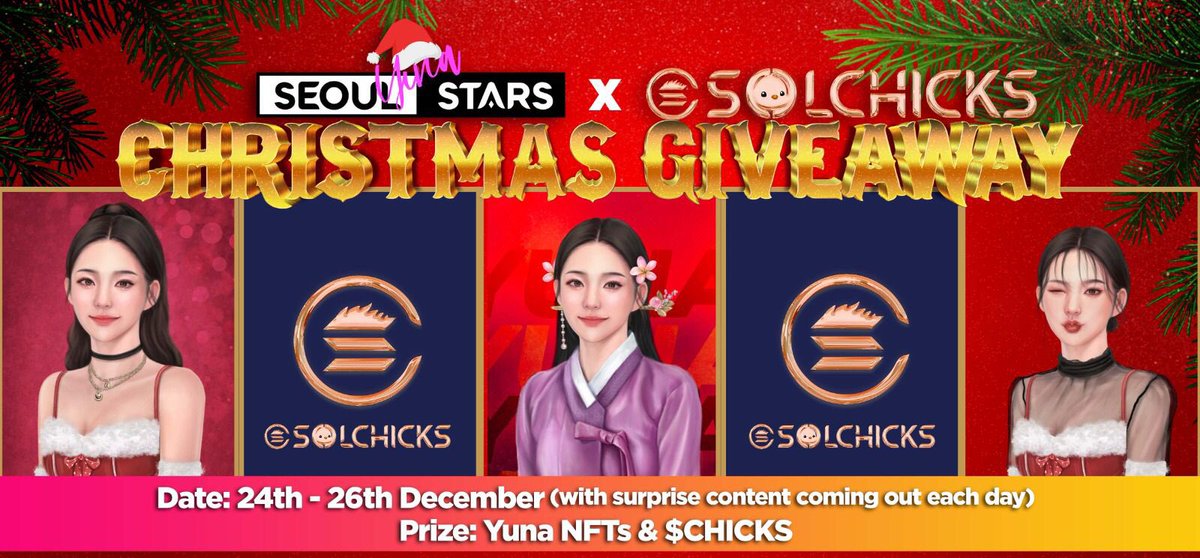 altuvagroup's tweet image. We are celebrating Christmas with a partnership giveaway! 🎄 🎄 
We'll have tasks each day to grab entries for a chance to win $CHICKS and Yuna NFTs!
1 Entry -> Like + RT
2 Entries -> Follow @SeoulStarsNFT + @SolChicksNFT + join discords
Discord.gg/seoulstars