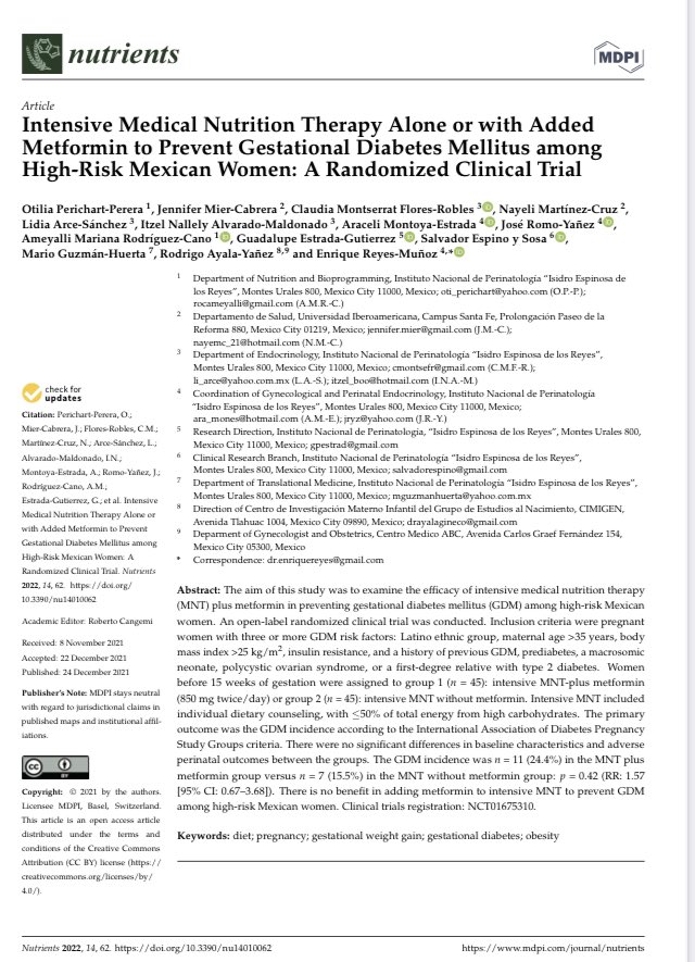 operichart's tweet photo. Gran regalo de Navidad🎄
Hoy se publicó nuestro artículo: Terapia médica nutricia intensiva con y sin metformina para prevenir #diabetesgestacional 
Spoiler:La metformina NO ofrece un beneficio adicional a la TMN en prevenir DMG 
ECA del Dr Enrique Reyes
@INPer_mx @Nutrients_MDPI https://t.co/6hgM1Bb1xg
