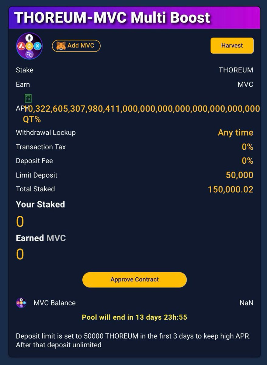 ⚡️THUNDER BOOST POOL NOW LIVE: 🎊CELEBRATING THOREUM MINING ENDED & 🎊THOREUM TRULY BECOME HYPER DEFLATIONARY ⚡️STAKE THOREUM EARN TRIPLE REWARDS: $MVC (TWICE) 🎁🎁, $THOREUM 🎁 Available on: thoreum.finance/mvc-multi-boost