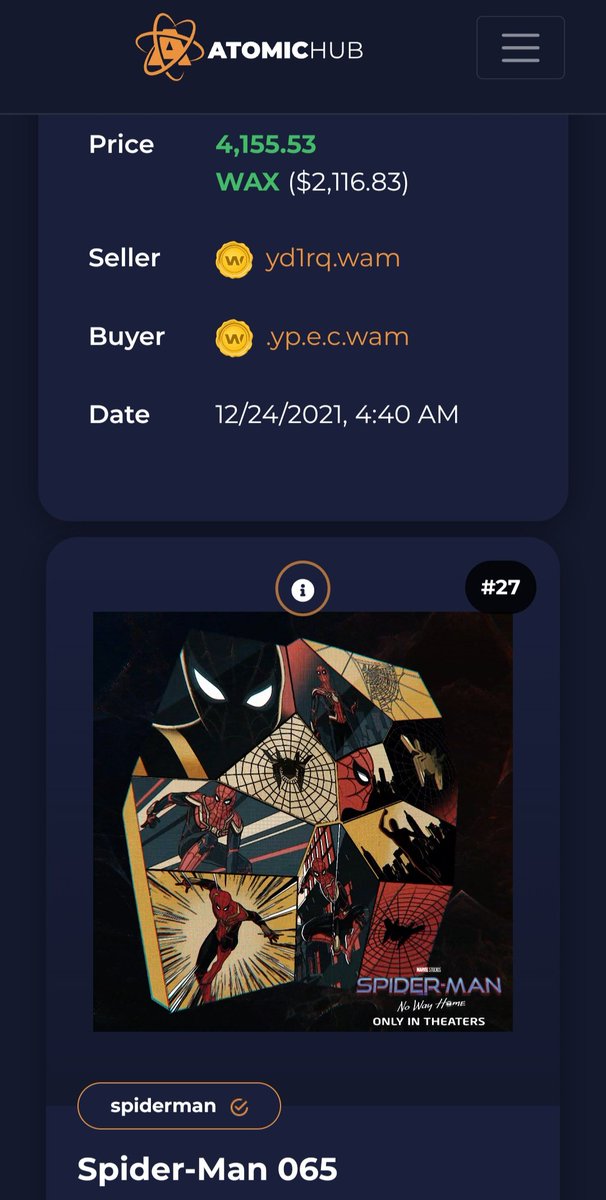 Penny_Squeezer's tweet photo. This one sold for over $2100!
@AMCTheatres
#AMCFIRSTNFT #AMCNFT #AMC $AMC #SPIDERMANNOWAYHOME
#NFT #nftcollectors https://t.co/JRZWg3TNW3