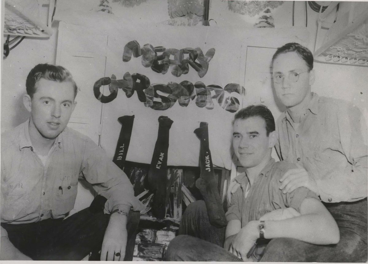 'Their stockings were hung by the chimney with care...' 
This photo was captured aboard the USS Hancock (CV-19) in 1945. You can see Corpsmen Bill, Evan, and Jack with the Christmas decorations in the berthing quarters. 

#patriotspoint #history #christmaseve #usshancock