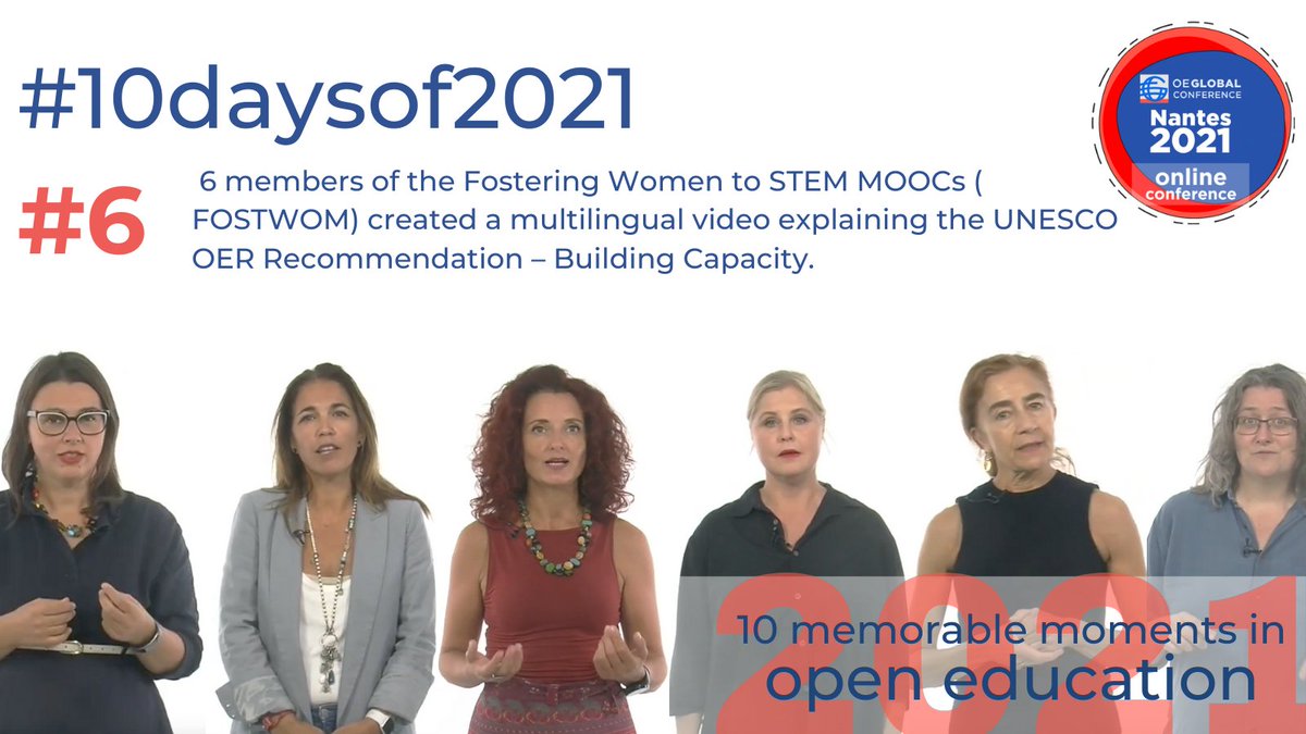 Day 6 - #10daysof2021 celebrates the #OpenEducation community

Six <a href="/FostWom/">FostWom</a> members made a multilingual video about <a href="/UNESCO/">UNESCO 🏛️ #Education #Sciences #Culture 🇺🇳</a> #OER Recommendation Building Capacity.  

Watch the video here: bit.ly/3sB70bw

Share your #2021memorablemoments
#countdownto2022
<a href="/EUErasmusPlus/">Erasmus+</a>