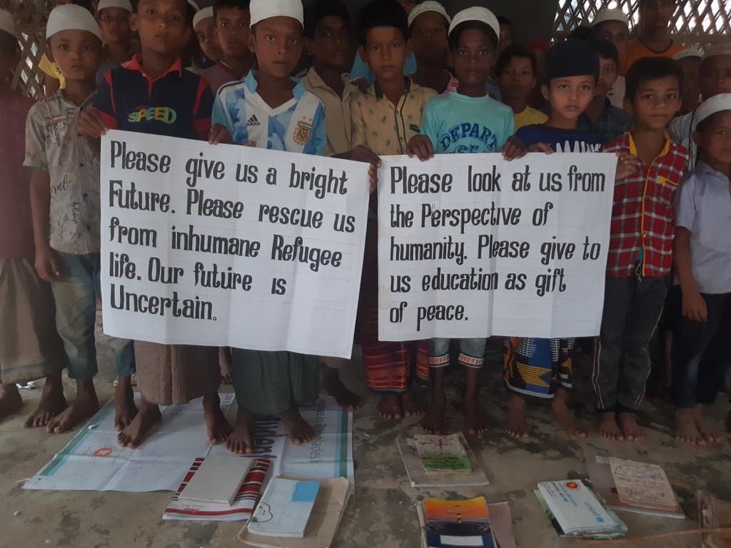 RRANforRohingya's tweet photo. “Everyone has the right to education.
Then, why Education is illegal for Rohingyas? Education is important for world peace. Education help people for negotiations towards peace. Education help people to build bridges between people. @UNHCR_Education @hrw @EUCouncil @WBG_Education https://t.co/00xRZiqFM0