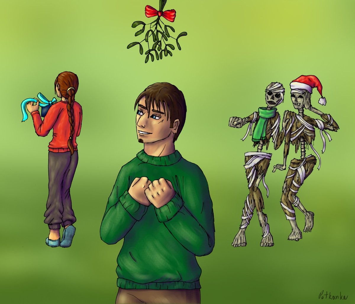 Potkanice's tweet photo. This year I was a #secretsanta for @constantine_cz โจ๐โจ His wishes were Lara Croft opening a present, Kurtis Trent under mistletoe and Mummies in TR4 celebrating Christmas... so I decided to do a bit of everything ๐คญ Merry #Croftmas!๐
@Ladycroftcz #TombRaider https://t.co/wr5Q2M1eHy
