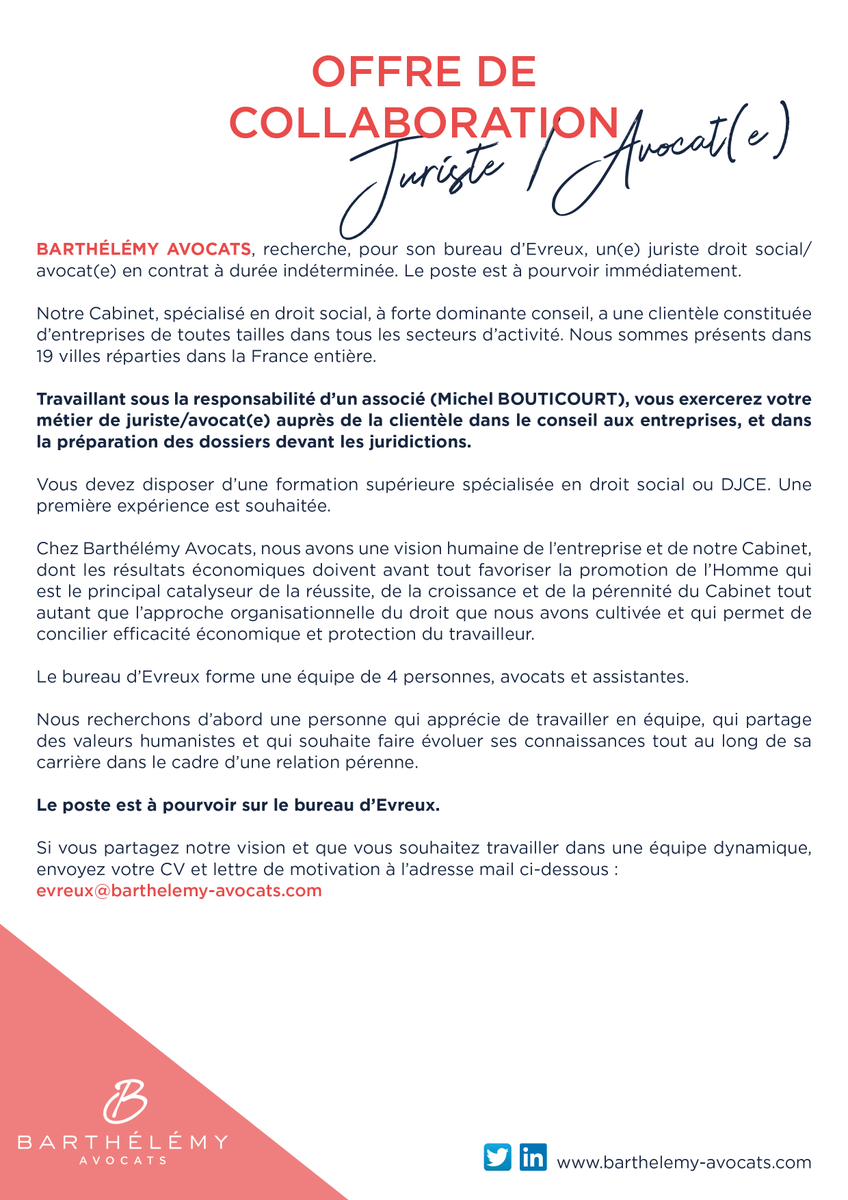 Cab_Barthelemy's tweet photo. 💥A la recherche d'une nouvelle opportunité pro? Rejoignez @Cab_Barthelemy! 

Nous recherchons
- un(e) juriste à Strasbourg (CDD)
- un(e) juriste à Lille (CDD)
- un(e) avocat(e)/juriste à Évreux (CDI)

Postulez aux adresses indiquées pour vivre pour de nouvelles aventures en 2022 https://t.co/s3mPsVXOMZ