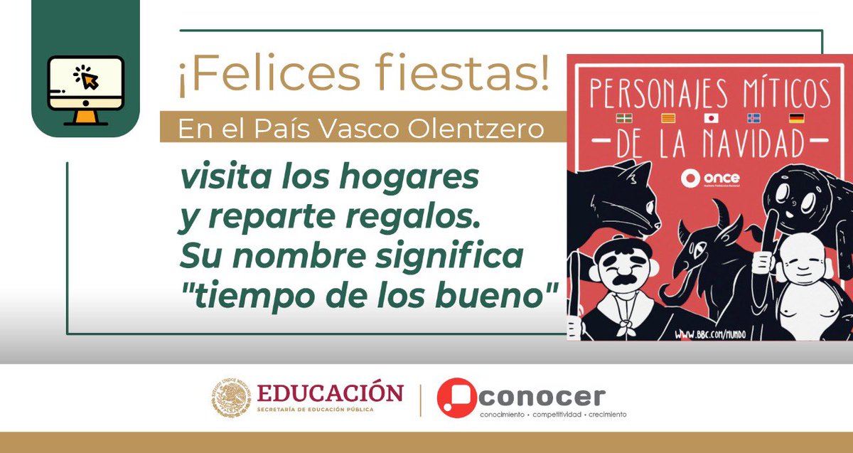 ConocerMx's tweet photo. ¡Hoy es nochebuena y mañana Navidad! Y @CanalOnceTV lo sabe. Por eso preparaon estos materiales. ¿Conoces a Olentzero? Es el carbonero barrigón que reparte regalos en el País Vasco. ¿Tú cómo celebras la navidad? https://t.co/pMukhd0ZMs