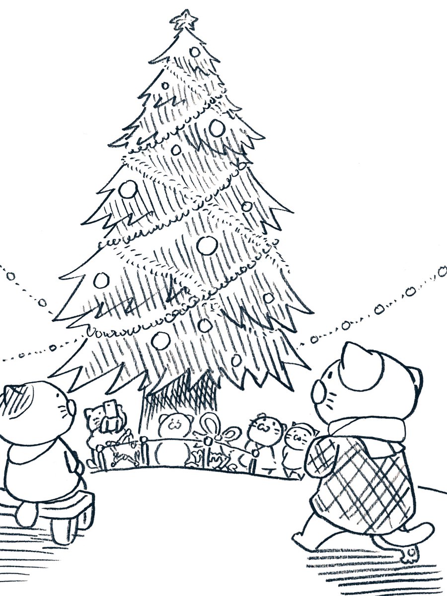 クリスマスツリーを見納めに行くネコ 