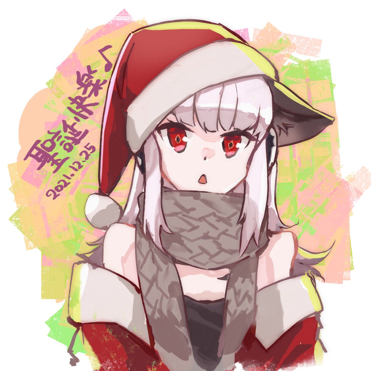 1girl hat solo animal ears red eyes fox ears scarf  illustration images