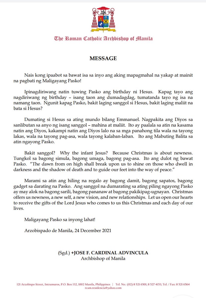 Mensahe ni Manila Archbishop Jose Cardinal Advincula sa pagdiriwang ng Pasko.