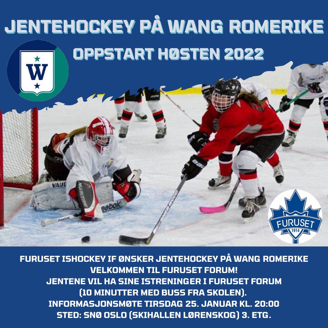 Furuset Ishockey IF ønsker jentehockey på WANG Toppidrett Romerike velkommen til Furuset Forum!
Jentene vil ha sine istreninger i Furuset Forum (10 minutter med buss fra skolen). 
SETT AV DATOEN, 25. JANUAR, TIL INFORMASJONSMØTE! 
facebook.com/10006347164314…