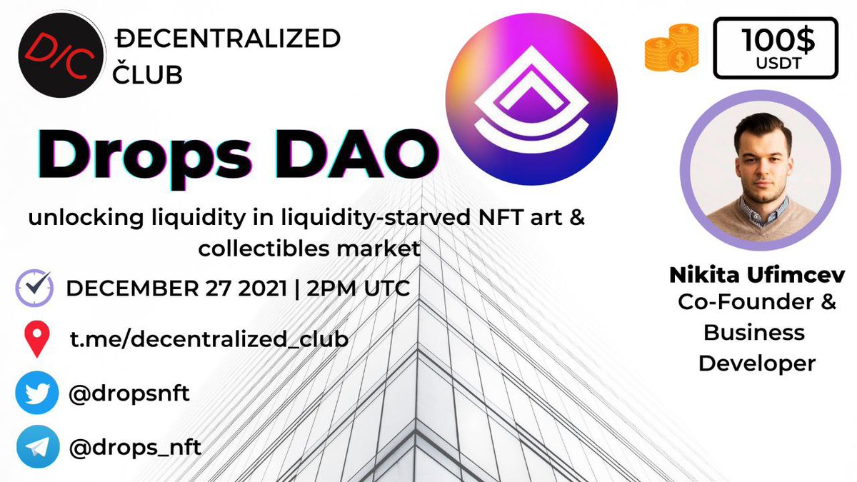 DC will host AMA with <a href="/dropsnft/">Moved to @dropslabs</a> on December 27 (2021) at 2PM UTC|9AM EST|7.30PM IST

10 questions from Website(3), Twitter(3) &amp; Telegram(4) will share $100 USDT

1⃣Like,Retweet
2⃣tag 2 friends
3⃣Post Question

🚨 Website questions posting link : decentralizedclub.live/ama-with-crypt…