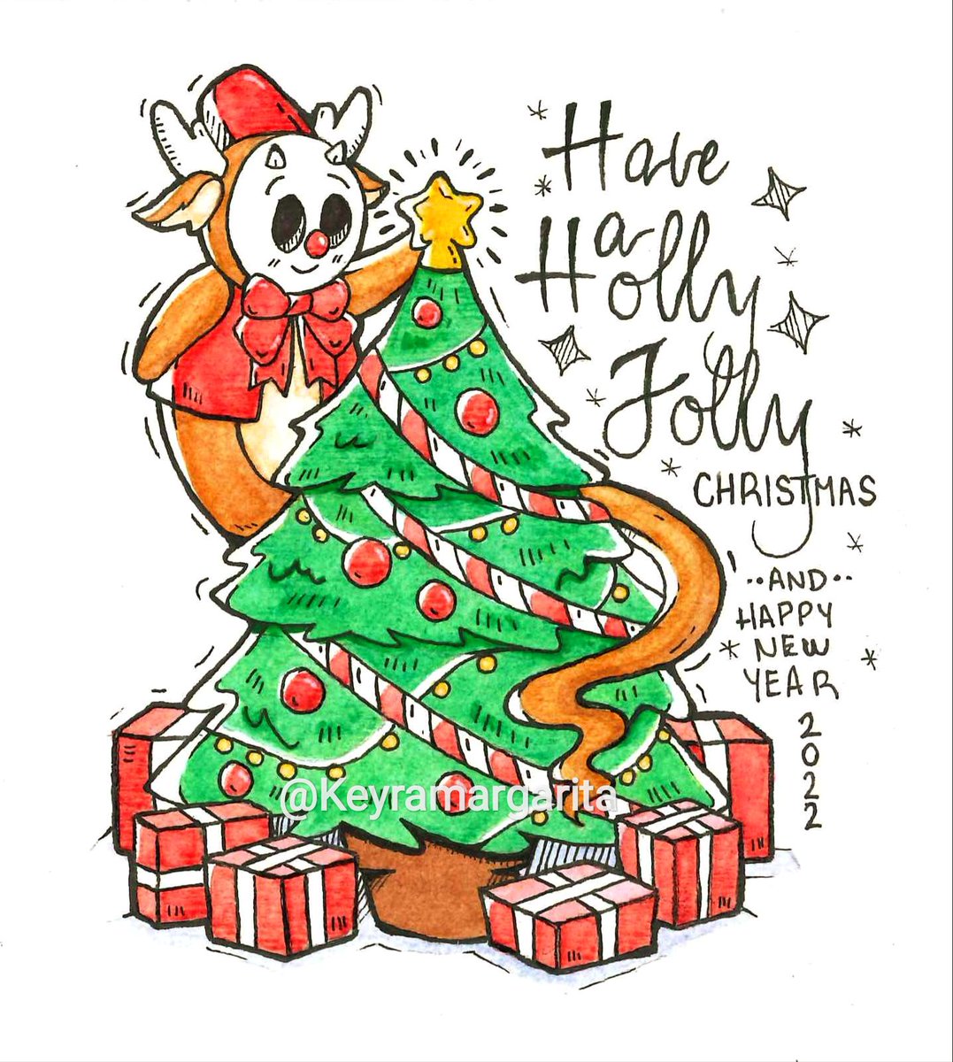 Keyramargarita's tweet photo. It's beginning to look a lot like christmas... 🎄🎉❄️ Remember to be kind and save a place in your hearts for baby Jesus. God bless you! 

#christmas #drawing #holly #jolly #kindness #gifts #tree #illutration #rodolfo #christmasspirit #start #watercolors https://t.co/mVtVthYfUn