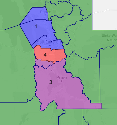 lad_map's tweet image. It's a bit unconventional but this Utah map would keep all of the counties outside of Utah to Webber into district 2.  I would probably prefer a version that keeps Weber, Cache and Rich Counties together though. #ElectionTwitter