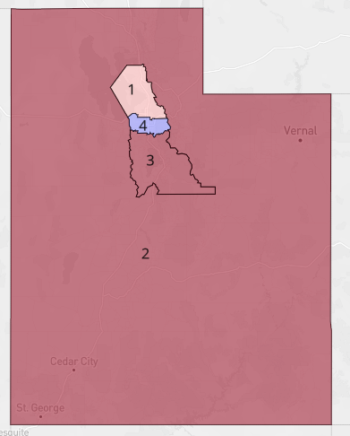 lad_map's tweet image. It's a bit unconventional but this Utah map would keep all of the counties outside of Utah to Webber into district 2.  I would probably prefer a version that keeps Weber, Cache and Rich Counties together though. #ElectionTwitter
