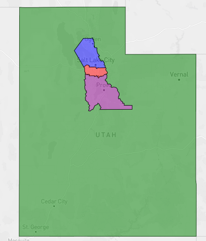 lad_map's tweet image. It's a bit unconventional but this Utah map would keep all of the counties outside of Utah to Webber into district 2.  I would probably prefer a version that keeps Weber, Cache and Rich Counties together though. #ElectionTwitter
