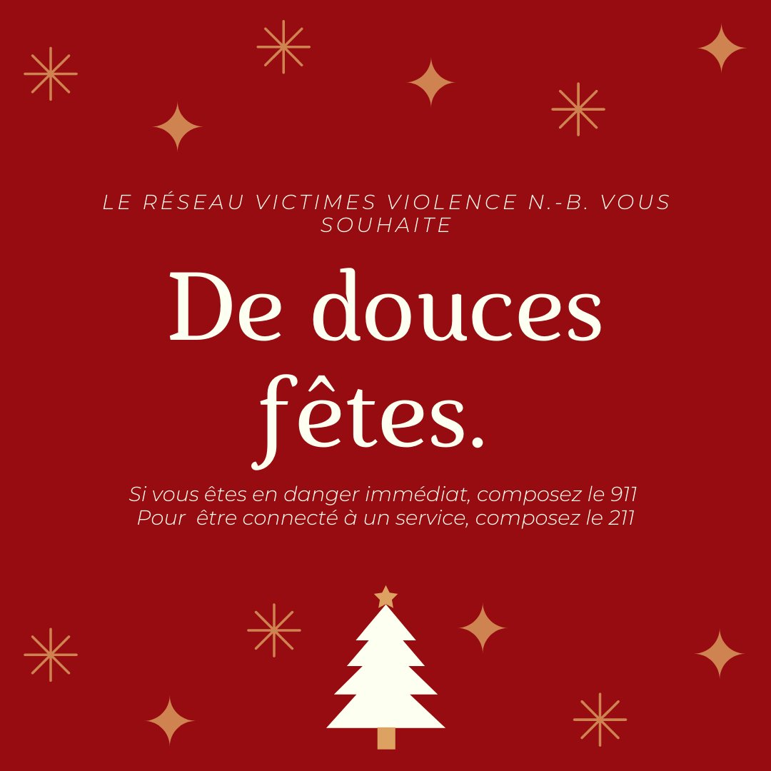De douces fêtes à toutes et tous. 
Si vous avez besoin d'aide ou quelqu'un dans votre entourage, contactez votre ligne de crise régionale.
Les services de crises restent
ouvert pendant le temps des fêtes. 
📞
Si vous êtes en danger : 911
Pour parler : 211