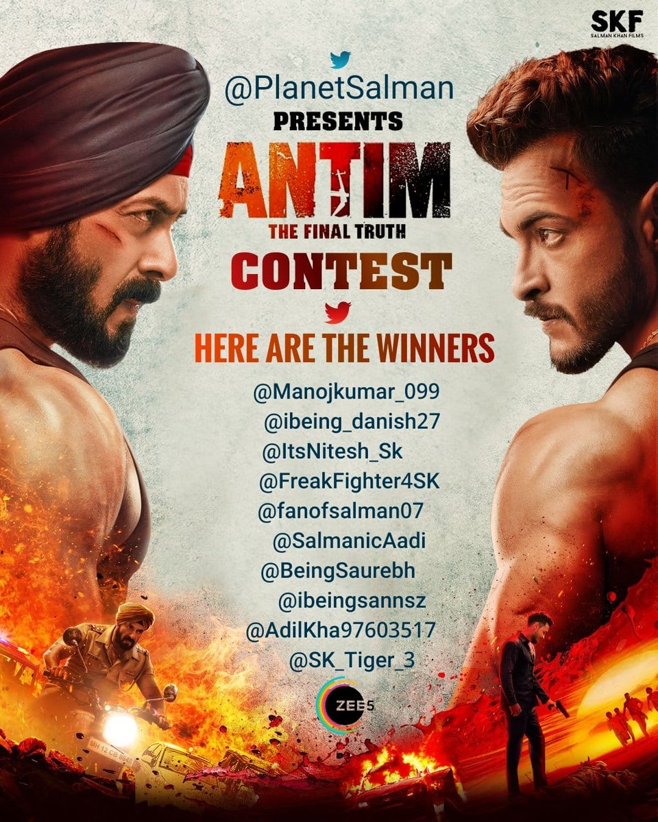 Planet Salman (@planetsalman) on Twitter photo Thankyou everyone for participating in #AntimOnZEE5 contest. Here are the winners name and those who didn't won today, don't worry we are coming up with another contest tomorrow on <a href="/SKF_kerala/">Salman Khan Fans Kerala ❄️</a>.
<a href="/SKFilmsOfficial/">Salman Khan Films</a> <a href="/ZEE5India/">ZEE5Official</a> #Antim Thankyou everyone for participating in #AntimOnZEE5 contest. Here are the winners name and those who didn't won today, don't worry we are coming up with another contest tomorrow on <a href="/SKF_kerala/">Salman Khan Fans Kerala ❄️</a>.
<a href="/SKFilmsOfficial/">Salman Khan Films</a> <a href="/ZEE5India/">ZEE5Official</a> #Antim
