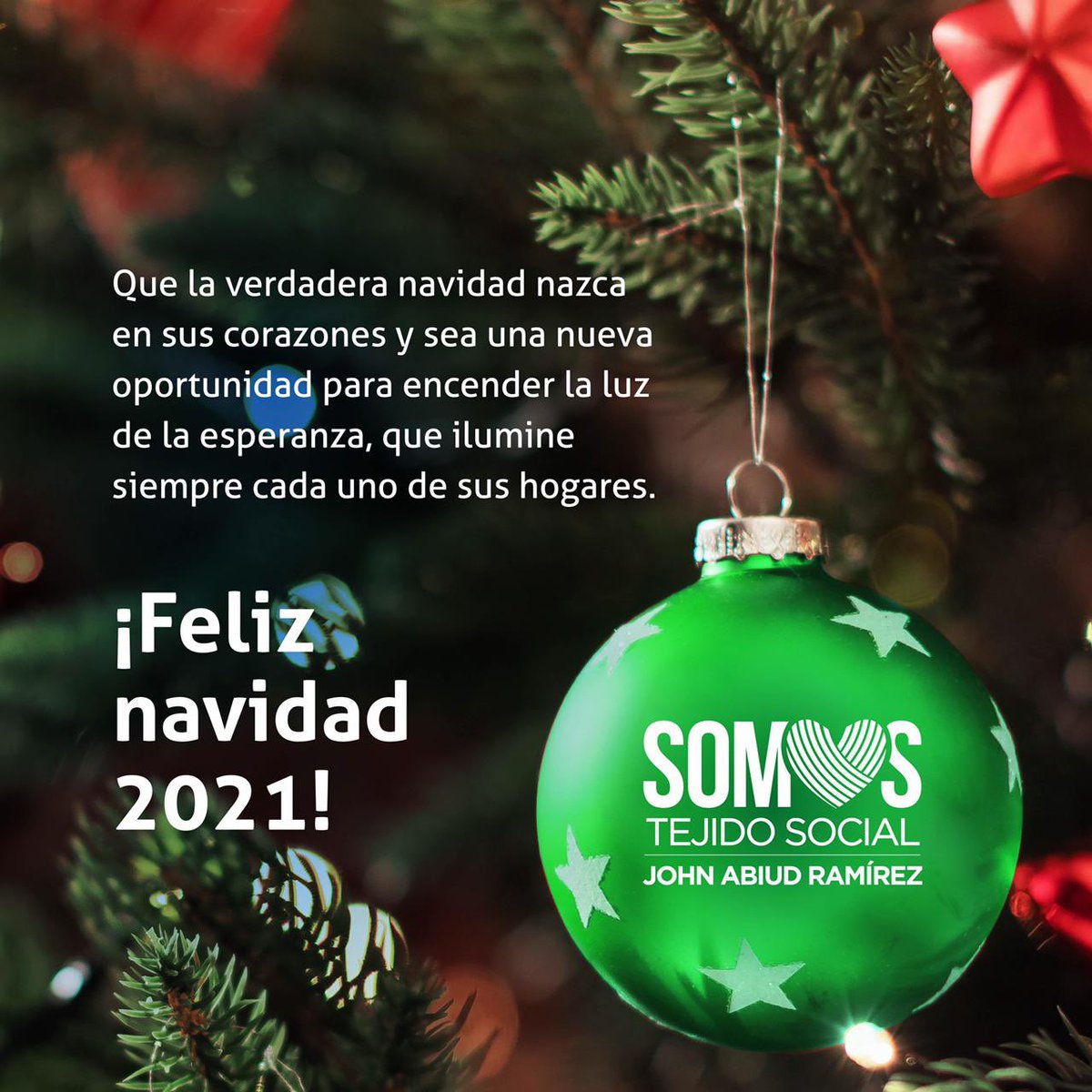 En esta fecha tan especial, mi compromiso y anhelo es continuar trabajando, junto a ustedes, por reestructurar nuestro tejido social y hacer de Colombia un mejor país. 
¡Feliz y bendecida navidad! #SomosTejidoSocial