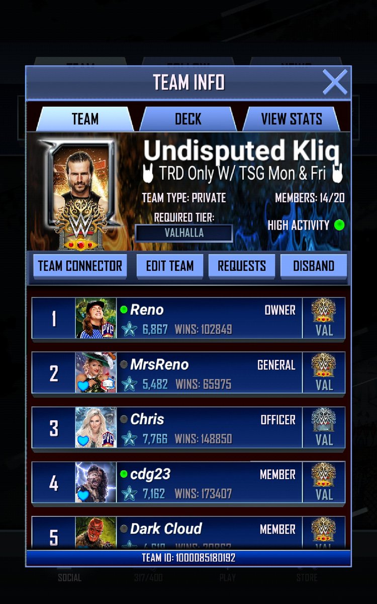 UndisputedReno's tweet photo. Val++ Team looking for members! TRD ONLY!  WITH 2 TSG A WEEK! TSG is Monday and Friday! (TSG Starting this afternoon) If interested Apply in game or in game message or DM! #WWESuperCard https://t.co/jUKtWnSVzn