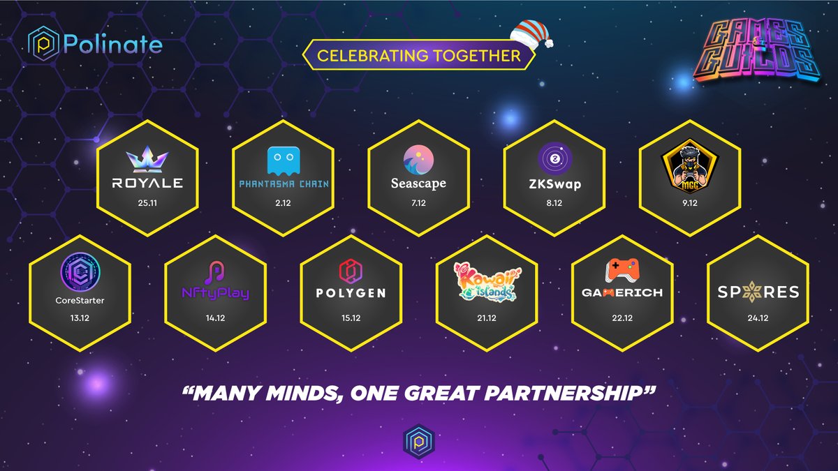 polinate_io's tweet photo. 🐝🎄 Celebrating this month of amazing partnerships! 
@Royale_Finance @PhantasmaChain @seascapenetwork @ZKSpaceOfficial @MetaGamingGuild @CoreStarter @NftyPlay @Polygen_io @kawaii_islands @GameRichcom @Spores_Network  

👀 Read More https://t.co/QSVZBuxm6d
 #Partnership #P2E #NFT https://t.co/jMi6l99IB3
