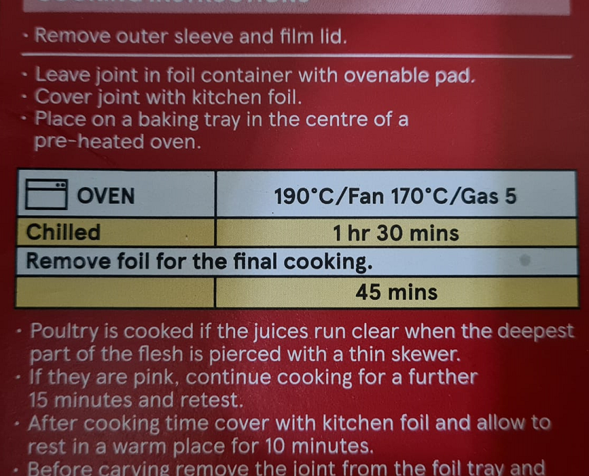 benjibs's tweet photo. @Tesco Please settle the ambiguity in these instructions! (Tesco Basted Turkey Joint with Black Pepper 1.1kg) Is it 90 + 45 or 90 including 45? https://t.co/2vvfuZQHmq