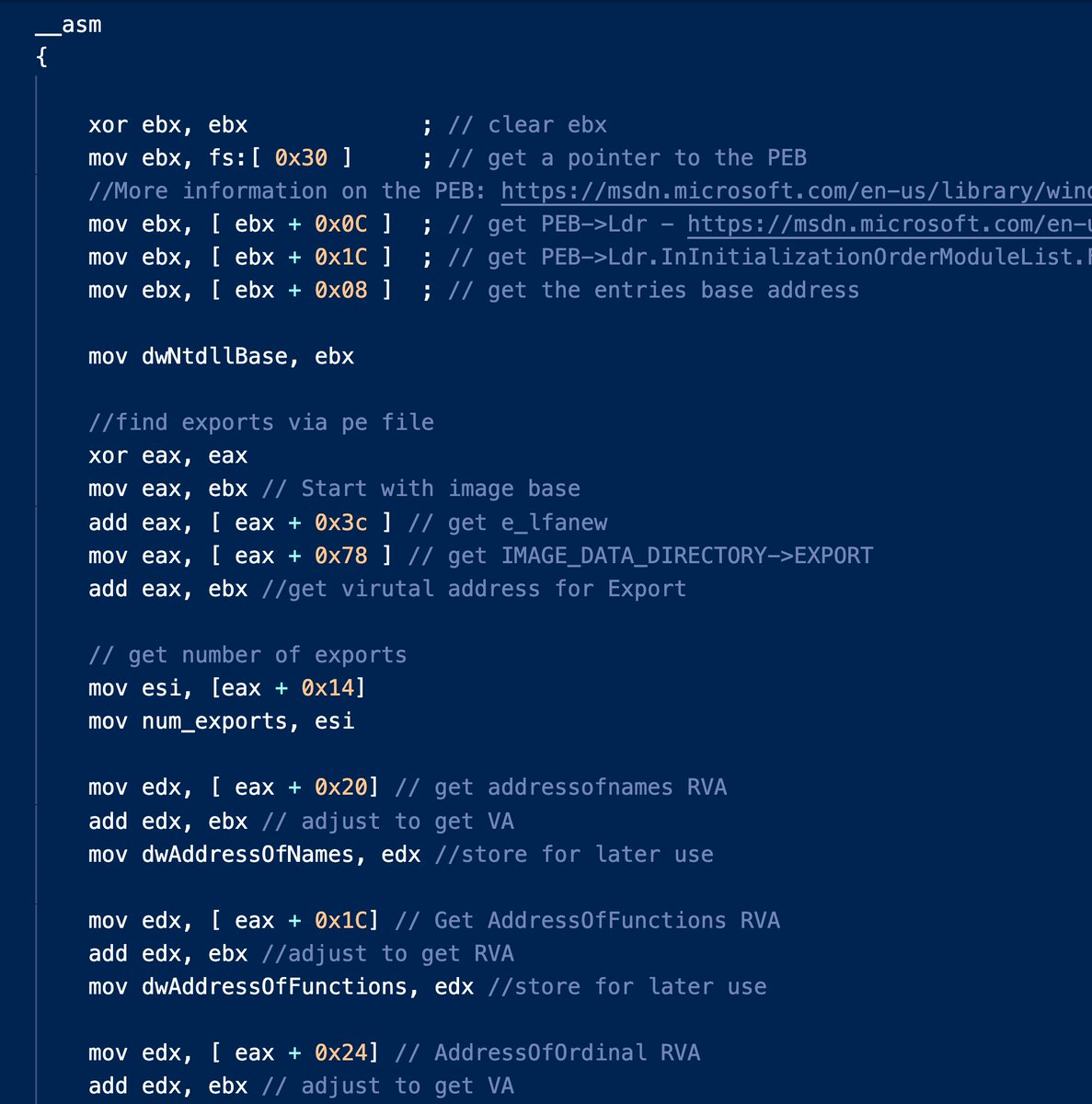 Been slowly adding small programs that help me when teaching malware analysis - most programs in c/c++

👓 github.com/jstrosch/learn…

Example, a program that implements the PEB-walking technique to resolve imports.

github.com/jstrosch/learn…

👇