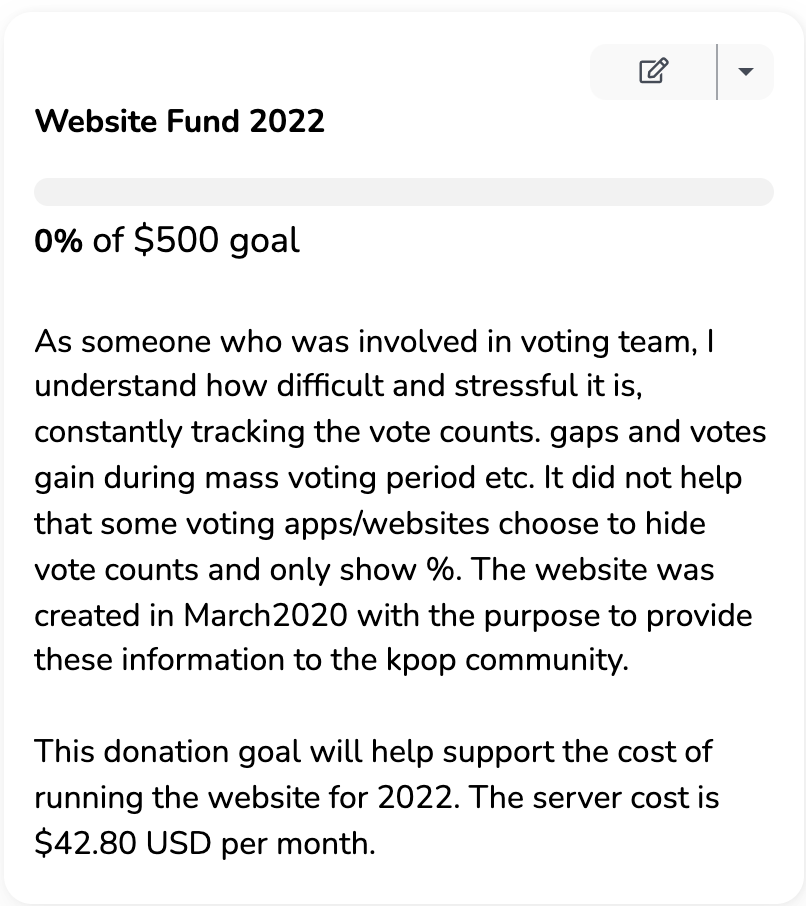 Donation goal for 2022.
Over the year, I have added support for whosfan, idolchamp quiz, MAMA, SMA, HMA. 

Please help me in sharing the cost for running and maintaining the website/server. Your donations, likes and RTs is greatly appreciated! 
Merry Xmas!
ko-fi.com/mcountdownvotes