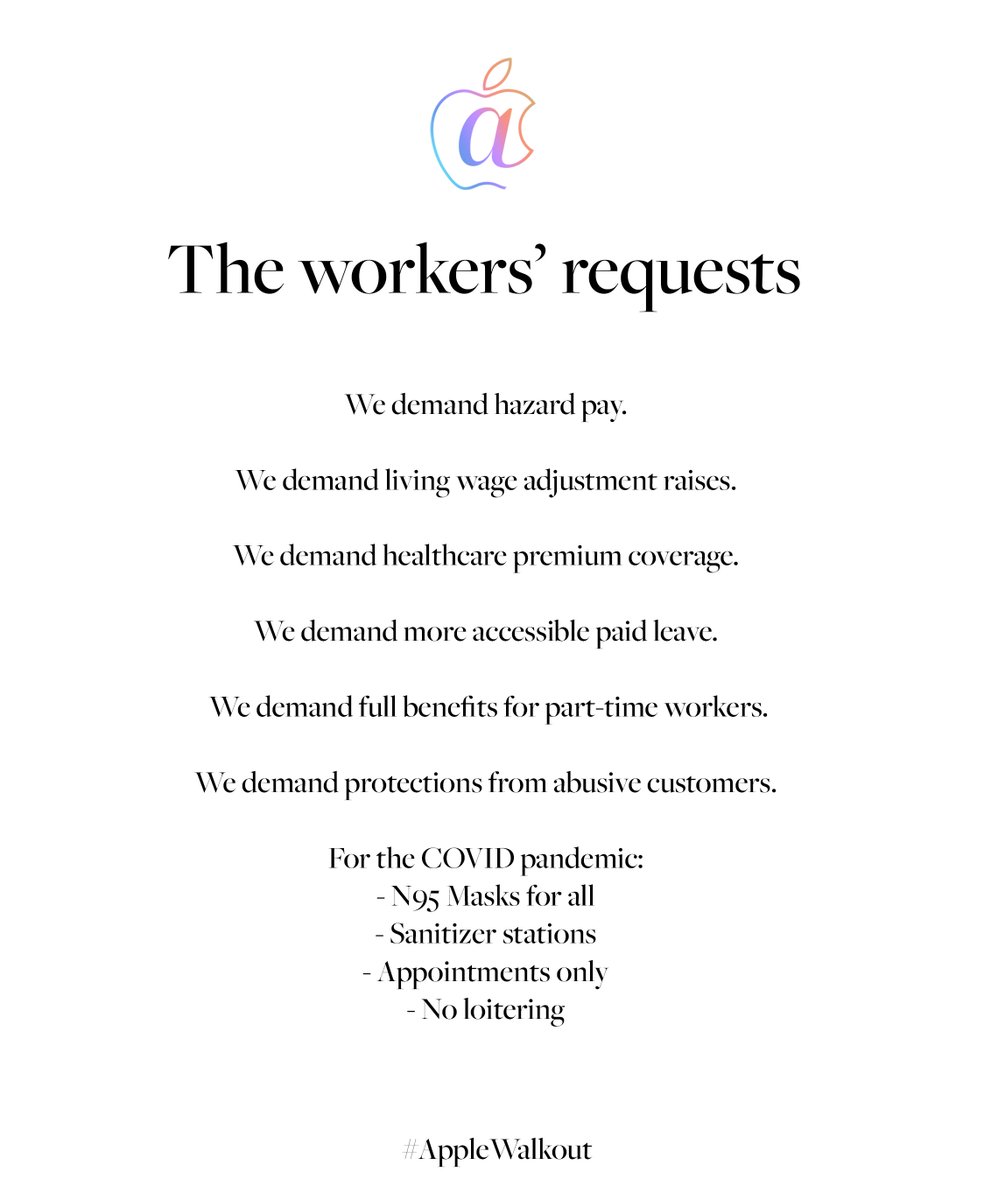 We, the Apple workers need more from our Employer.

This is what we request with #AppleWalkout