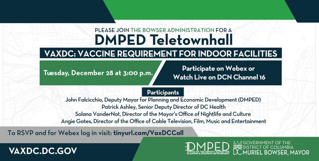 📣 Please join the Bowser Administration this upcoming Tuesday for a DMPED Teletownhall to learn more about the vaccine requirement for indoor facilities. 

For more information and to RSVP 👇