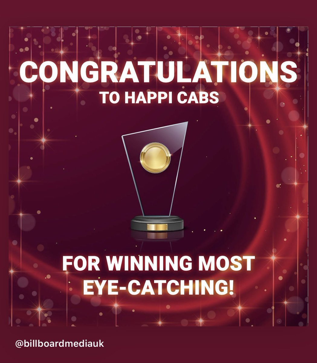 We're thrilled to announce that Happicabs has won the award for most eye-catching campaign of the year! 😍

Thank you everyone who voted &amp; <a href="/BillboardMedia_/">Billboard Media UK</a> for nominated us ☺️

Well done to all businesses nominated 👏 

Wishing you all Merry Christmas &amp; all the best for 2022! ❤️