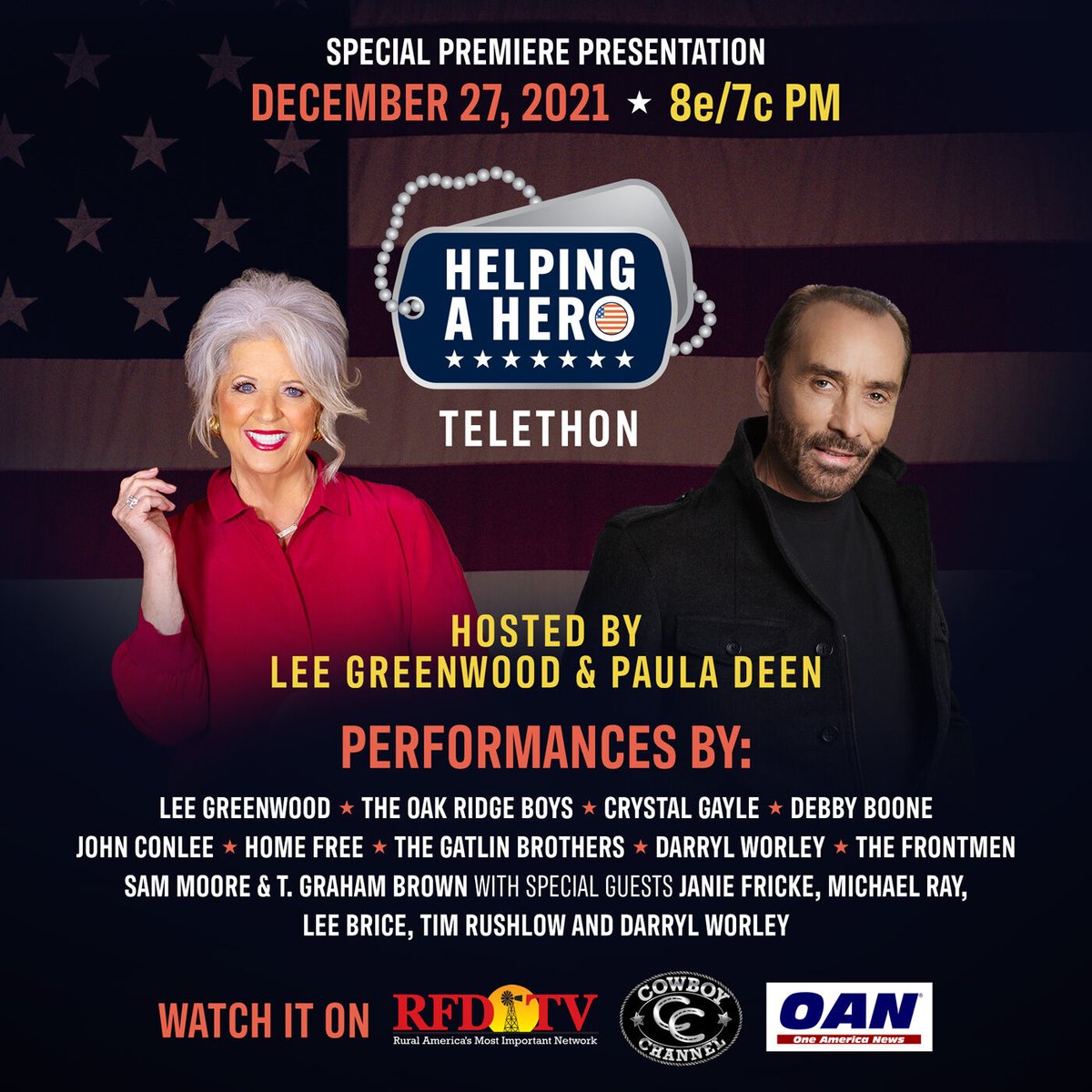 Lee Greenwood and Paula Deen are set to host the Helping A Hero Telethon, which will air on Monday, Dec. 27, at 7 p.m. CT on RFD-TV, The Cowboy Channel, and One America Network.

Helping A Hero has awarded over 150 homes to veterans across 24 states thus far.