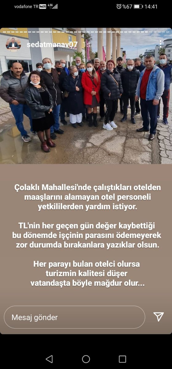 Esmeray34574123's tweet photo. #neanlatıyorsunuz nemi anlatıyoz selçuk bey malesef hiç bir şekilde sesimizi kimseye duyuramıyoruz ve onu sizin aracılığınızla anlatmaya çalışıyoruz biz mağduruz mağdur otel çalışanları olarak Antalya/manavgatta maaşımızı alamadık ve hiçbir yetkiliye sesimizi duyuramadık malesef https://t.co/FlO9EsRsGm