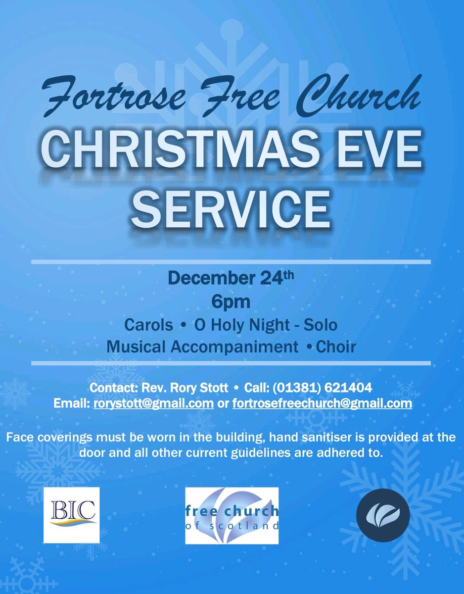 Join us at 6pm for our Christmas Eve Service. With congregational and choir sung carols, a solo of O Holy Night, readings and a gospel message from Rev Rory Stott. It's an evening not to be missed!

Collection for Black Isle Cares.