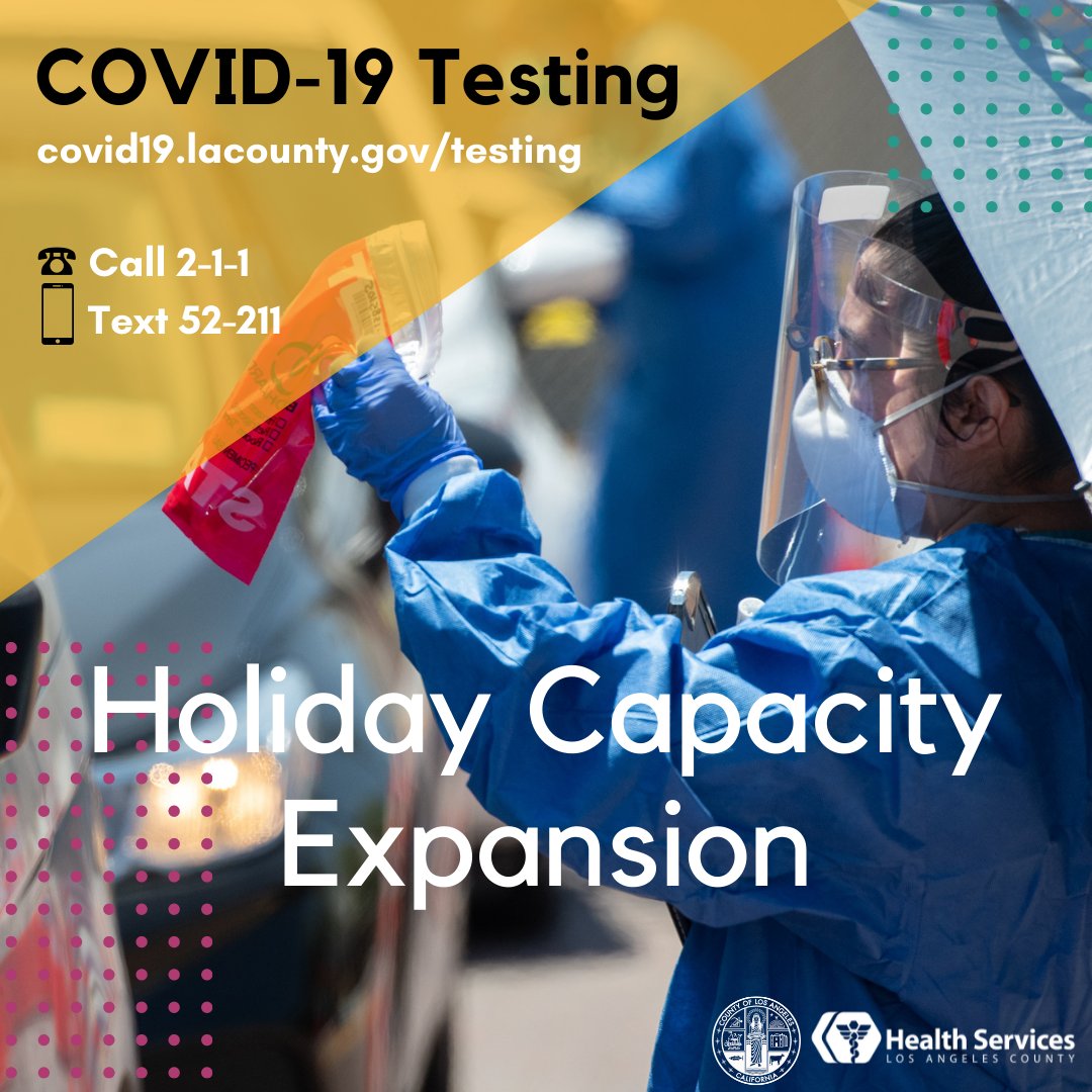 We're expanding COVID-19 testing due to increased demand.

✅Extended hours of operation at sites across LA County
✅Additional week &amp; weekend dates
✅Additional mobile testing units in hard-hit areas
✅Relaunch of Holiday Home Test Collection Program: covid19.lacounty.gov/hometest