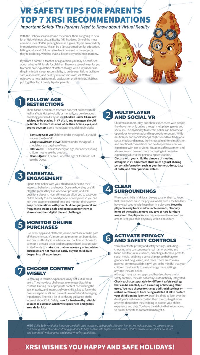 Happy Holidays 😎🎊🥳

A lot of parents will bring #VR headsets home this holiday. Extend Reality with awareness using
#VRSafety Tips for Parents: Top 7 #XRSI Recommendations

Give the Gift 🎁 of SAFETY😎❤️

🙏🏼Share in your network🙏🏼

xrsi.org/publication/vr…