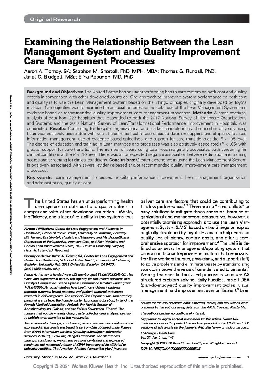 CLEARberkeley's tweet image. Examining the Relationship Between the Lean Management System and Quality Improvement Care Management Processes - clear.berkeley.edu/?p=1236