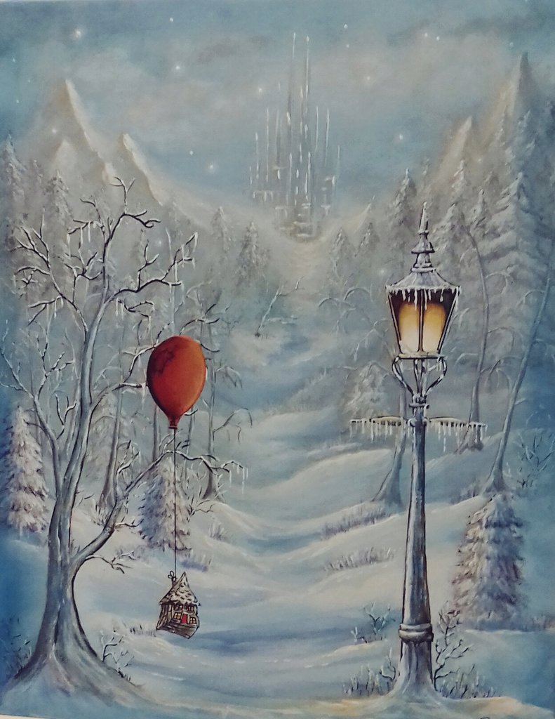 Happy Christmas to all my followers. My last painting for the year. Red balloon and little house visit Narnia. #ChristmasEve #snow #narnia #narnialamp #exhibitionart #galleryart
