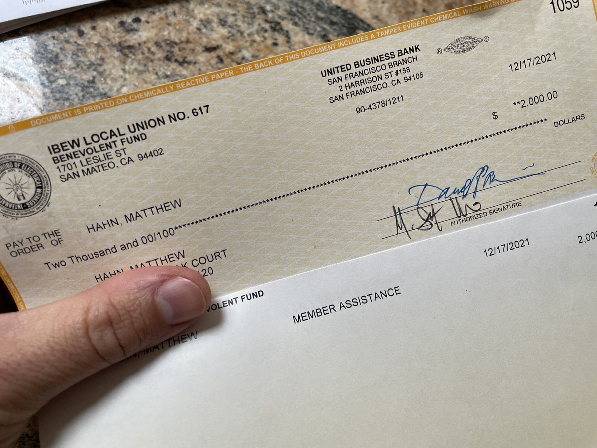 My union knows I’m out of work because of my recent heart surgery. I got this in the mail today, just to help out because they know I need it. Two thousand dollars. #UnionStrong #ibew