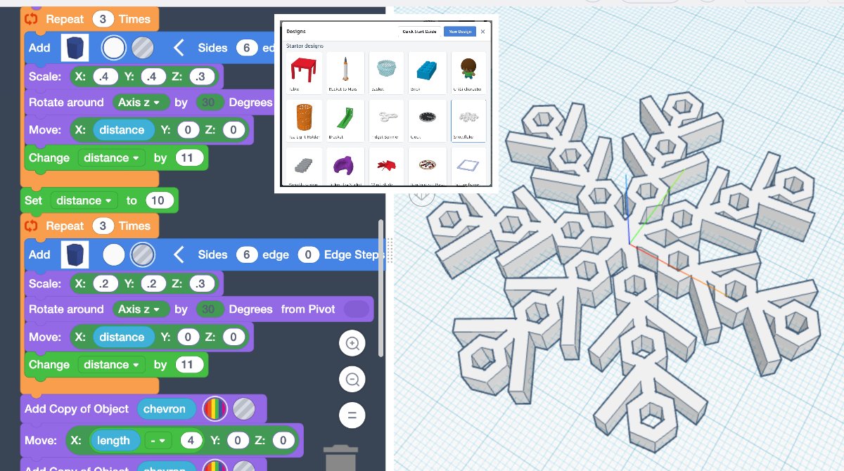 tinkercad's tweet image. Try out the snowflake example in #TinkercadCodeblocks. Mess around with some of the shapes and see what different results you can get!
