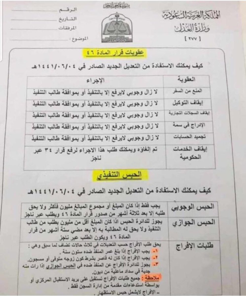 Lawyer_MLAk's tweet photo. - تعديلات اللائحة التنفيذية لنظام التنفيذ بشأن إيقاف الخدمات والحبس التنفيذي https://t.co/LQnZ56rh2h